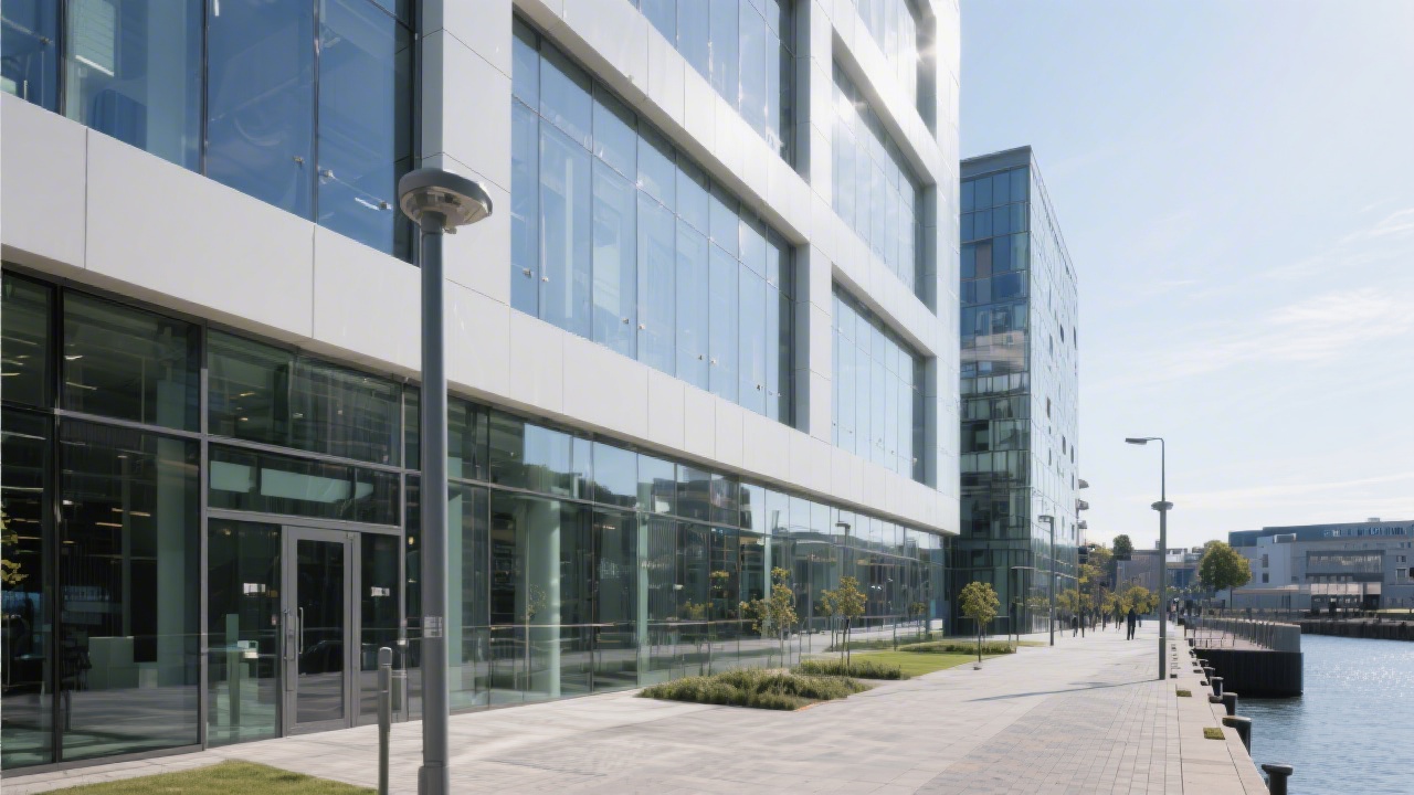 Exterior view of a modern office building near Dublin’s Docklands with clean glass lines and pedestrian walkways, reflecting the local tech ecosystem setting.