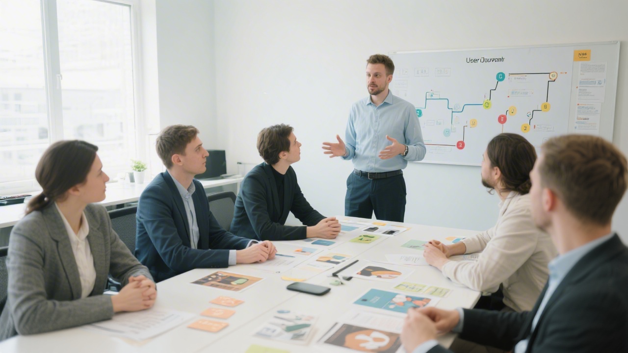 Small group of professionals in a bright training room discussing a user journey map, with printed artefacts on the table and a facilitator explaining key touchpoints.