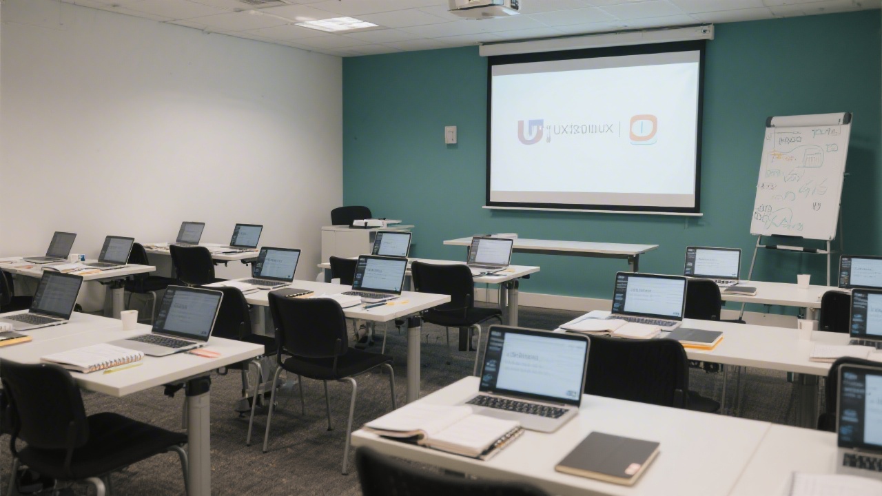 Training room with prepared laptops, notebooks, and a presentation screen ready for a UX workshop, conveying organized and structured learning setup in Dublin.