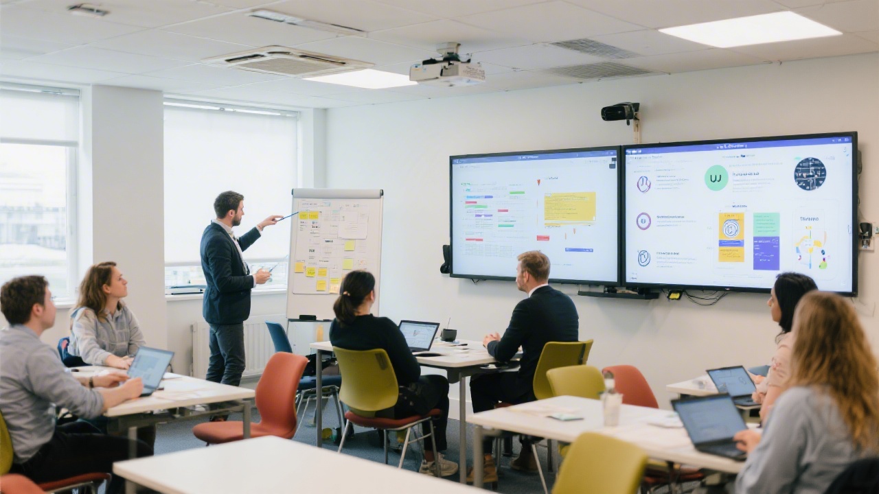 Bright modern training space in Dublin with teams reviewing UX research findings on large screens and whiteboards, showcasing collaborative learning and clear visual facilitation.