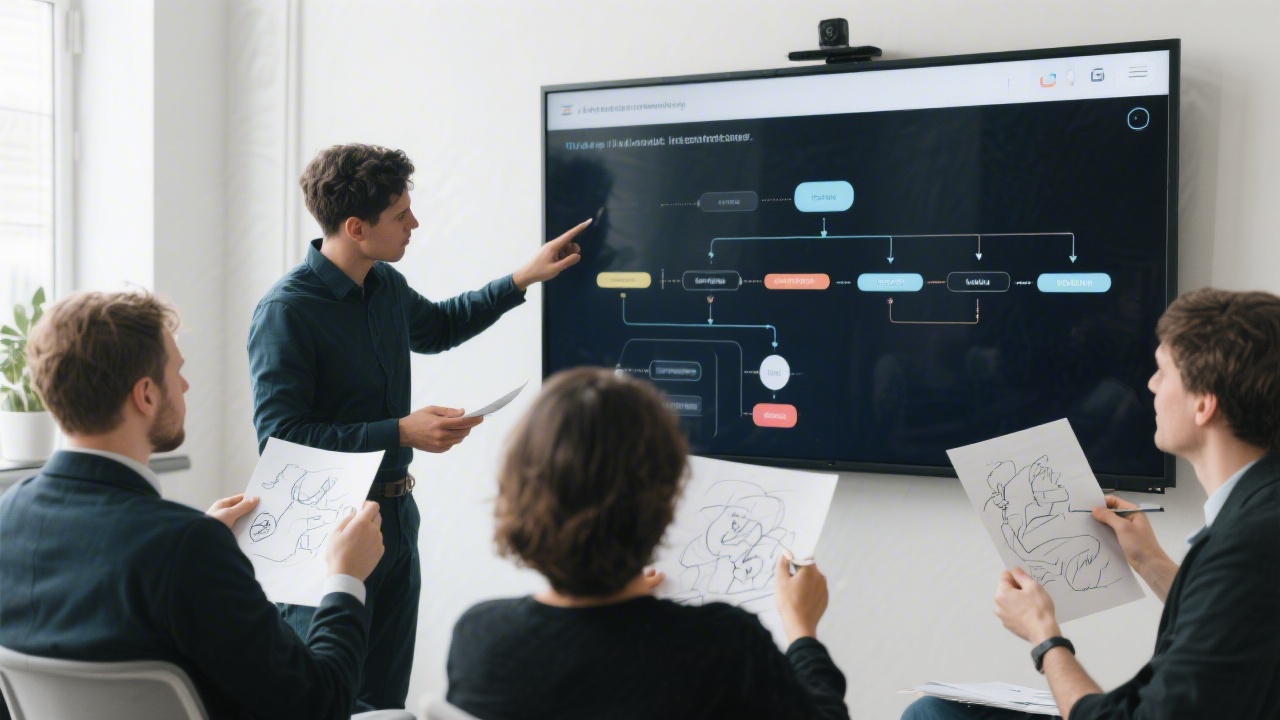 Design team reviewing an interaction flow on a large screen while sketching alternative states on paper, capturing collaborative learning in a structured UX session.