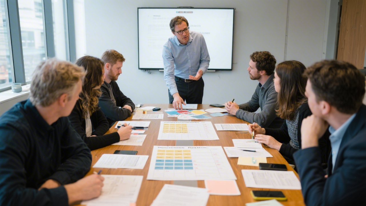 Facilitator leading a discovery planning workshop with participants clustered around a large table, using printed research briefs and prioritization grids for focused alignment.