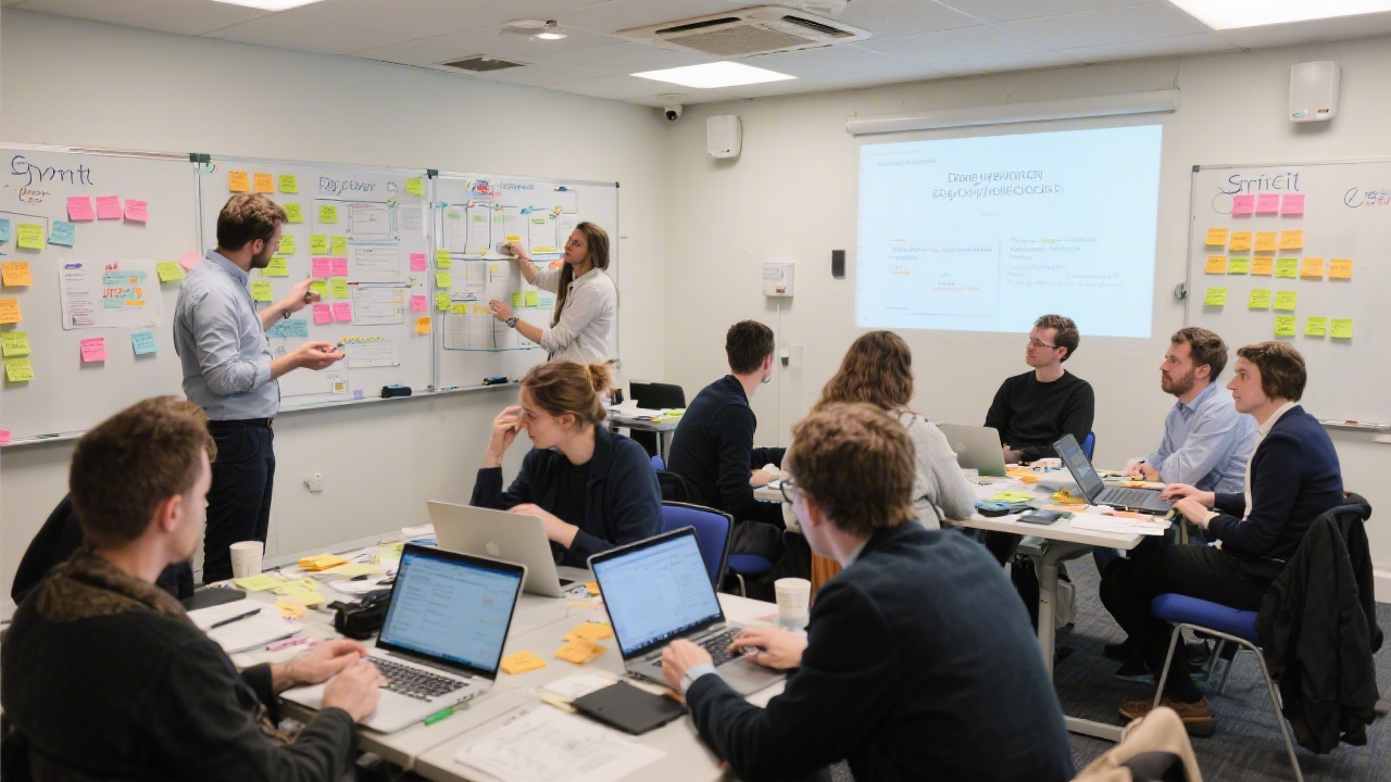 Workshop participants in a Dublin classroom using sticky notes, sprint boards, and laptops to plan discovery research activities, with facilitators guiding discussion in a calm professional environment.